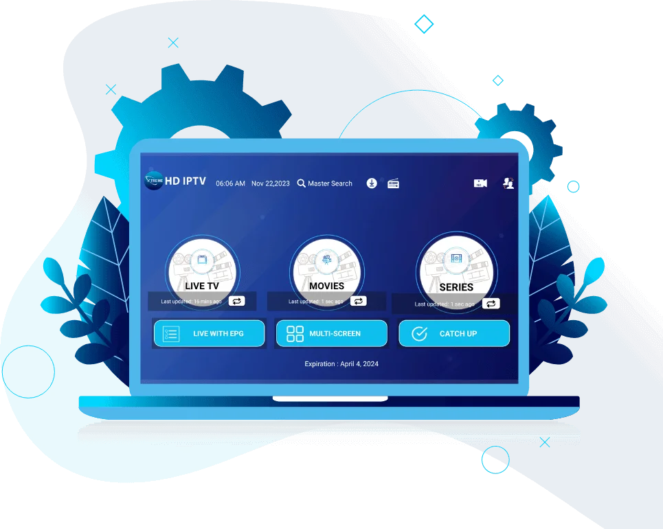 Xtreme HD IPTV Player interface showing HD/4K IPTV channels, Smart IPTV features, and a full IPTV channel list on screen.